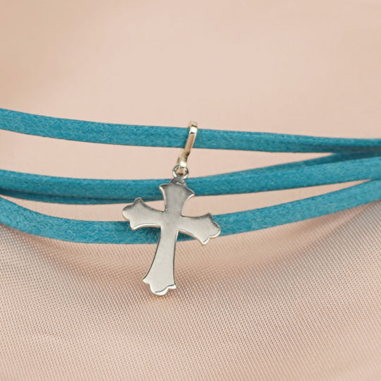Choker in cordone cerato turchese con croce in argento 925