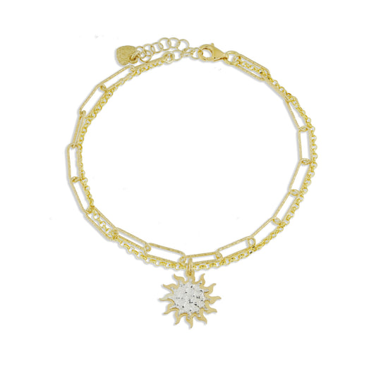 Bracciale doppio con sole argento dorato con lastra diamantata