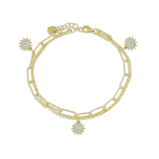 Bracciale doppio con 3 soli piccoli argento dorato con lastra diamantata