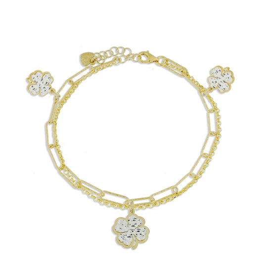 Bracciale doppio con 3 fiori argento dorato con lastra diamantata