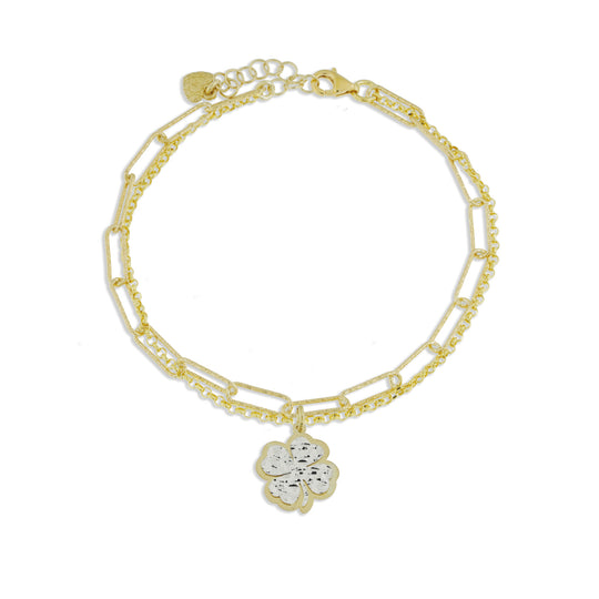 Bracciale doppio con fiore argento dorato con lastra diamantata