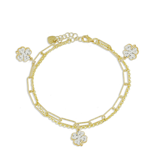 Bracciale doppio con 3 fiori piccoli argento dorato con lastra diamantata