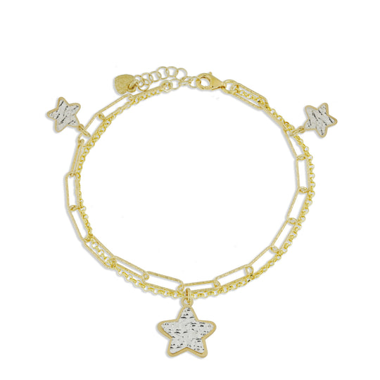 Bracciale doppio con 3 stelle argento dorato con lastra diamantata