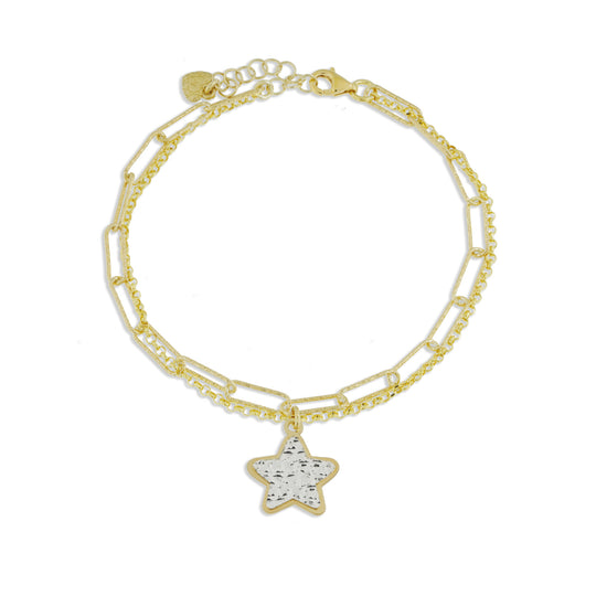 Bracciale doppio con stella argento dorato con lastra diamantata