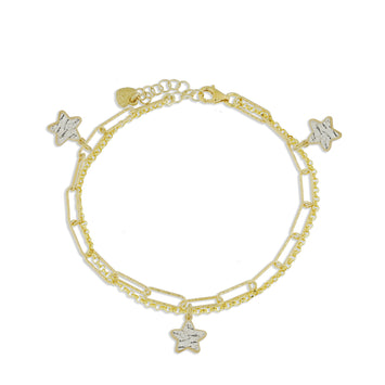 Bracciale doppio con 3 stelle piccole argento dorato con lastra diamantata