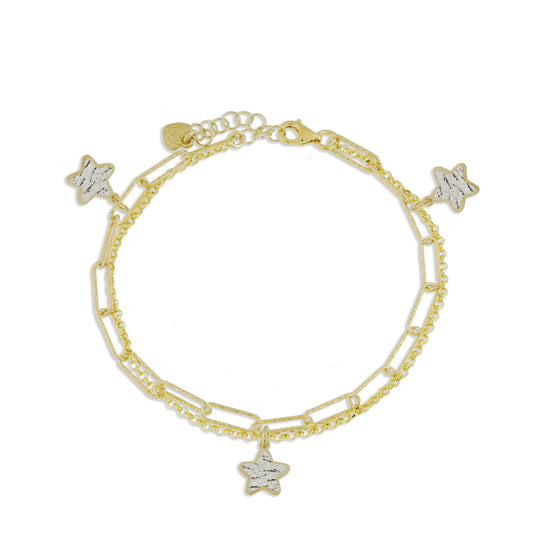 Bracciale doppio con 3 stelle piccole argento dorato con lastra diamantata