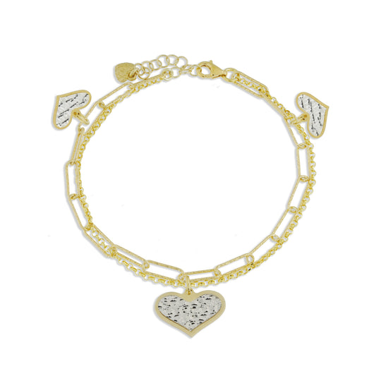 Bracciale doppio con 3 cuori argento dorato con lastra diamantata