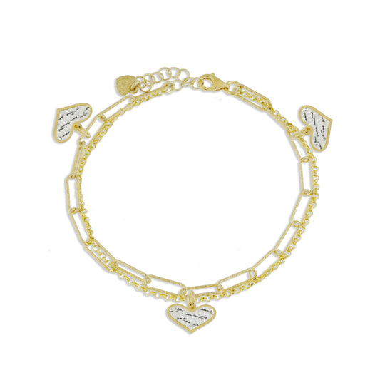 Bracciale doppio con 3 cuori piccoli argento dorato con lastra diamantata
