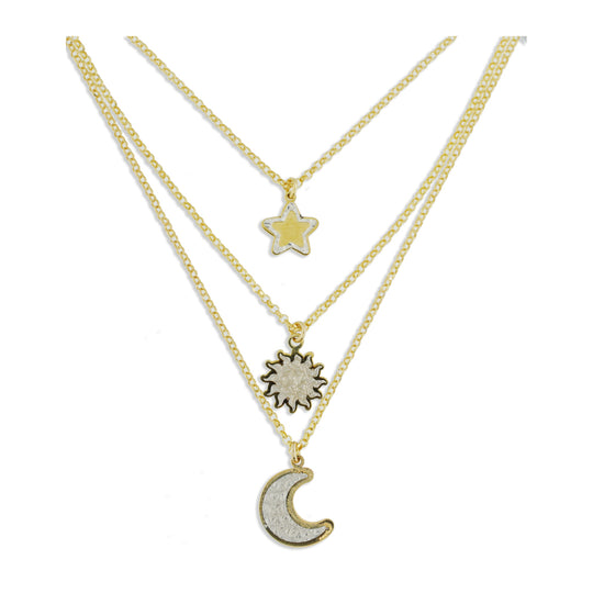 Collana 3 fili stella/sole/luna argento dorato lastra diamantata