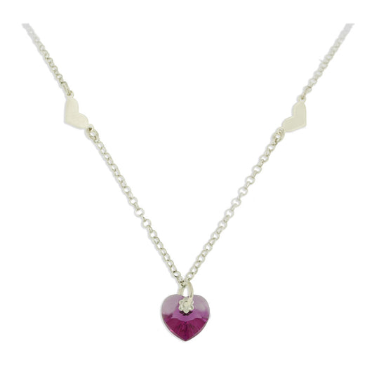 Collana in argento rodiato con cuore fucsia in cristallo Sw