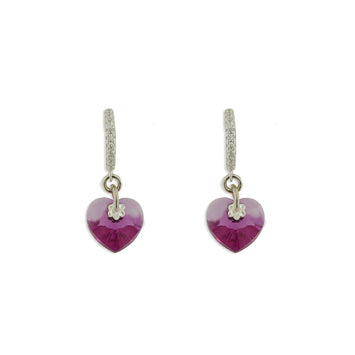 Orecchini in argento rodiato con cuore fucsia in cristallo Sw