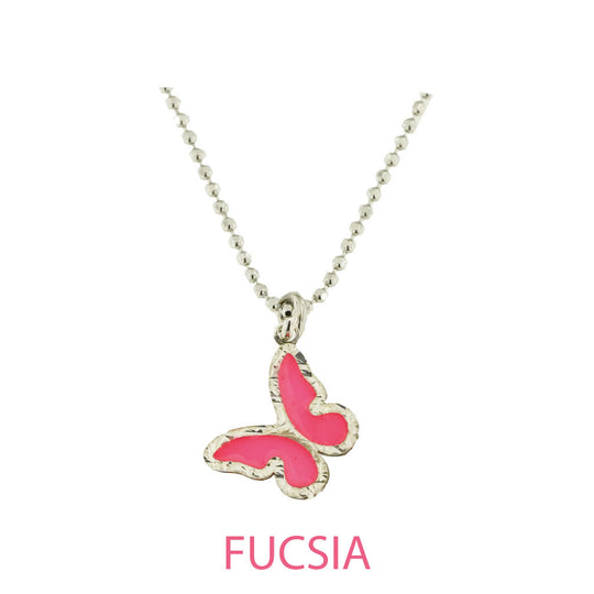 Collana butterfly argento effetto diamantato smalto fucsia