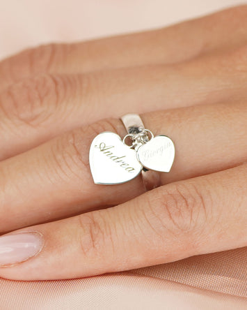 Anello in argento 925 con charm doppio cuore, grande e piccolo  pendente personalizzabile