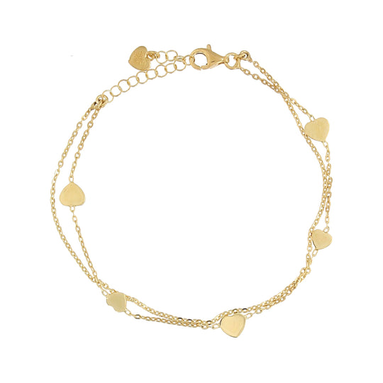 Bracciale in argento dorato catena doppia 5 cuori