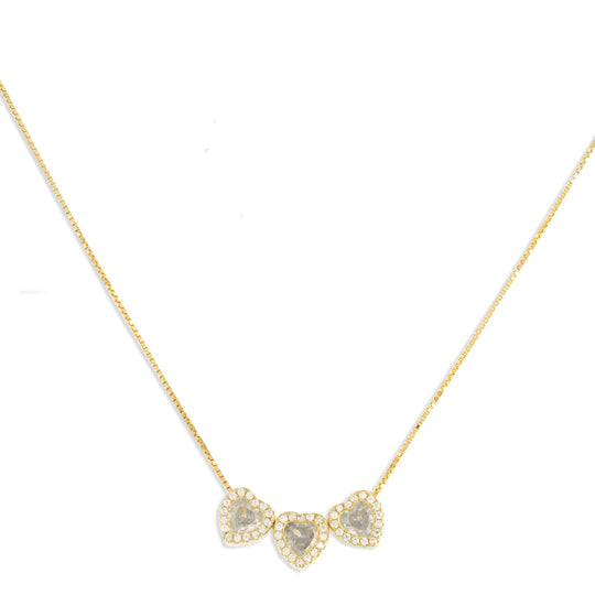 Collana in argento dorato con 3 cuori color bianco contorno pave bianco cm 40+