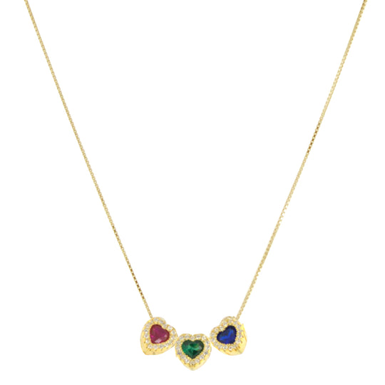 Collana in argento dorato con 3 cuori color zaffiro rubino e smaraldo contorno pave bianco cm 40+