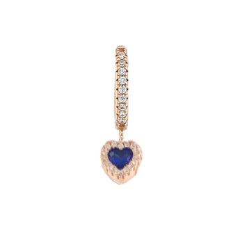 Orecchino singolo  in argento rosè con cerchietto a scatto ' cuore  color zaffiro con  pavè di pietre  bianche