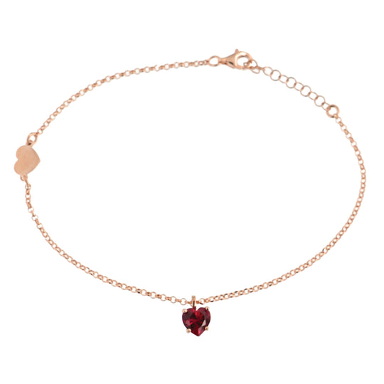 Cavigliera in argento rosato con cuore liscio e cuore rosso