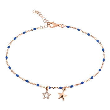 Cavigliera in argento rosato con pietre blu con stella vuota e stella piena