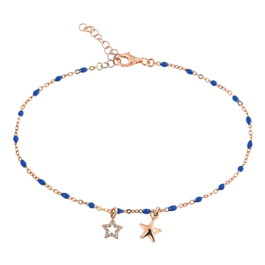 Cavigliera in argento rosato con pietre blu con stella vuota e stella piena