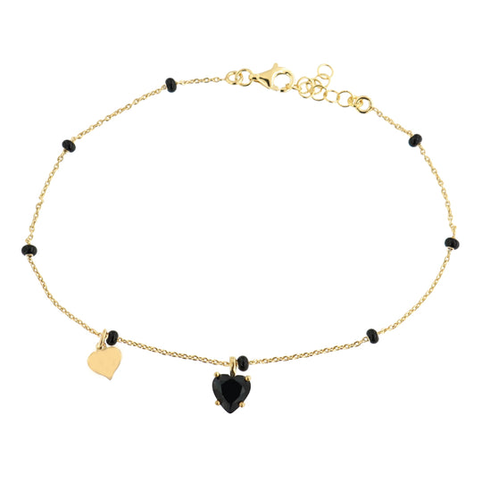 Cavigliera in argento dorato con cuore liscio e cuore nero