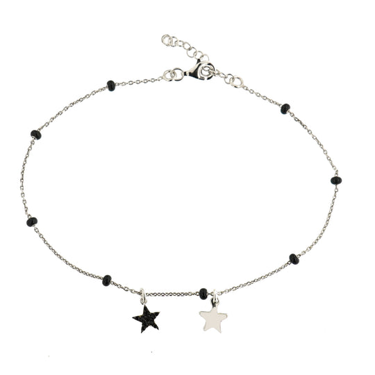 Cavigliera in argento con stella liscia e stella con zirconi neri