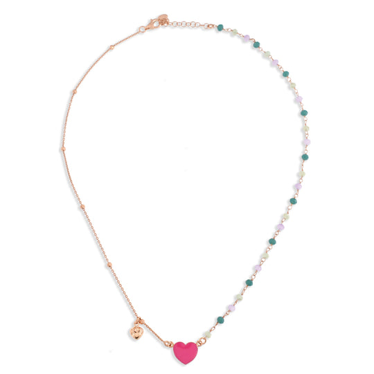 Collana in argento, pietre e cuore smalto rosa