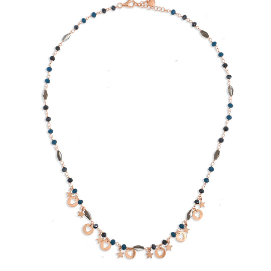 Collana in argento rosè  con angeli e stelle 5 traforati cateba rosario cm 40+3