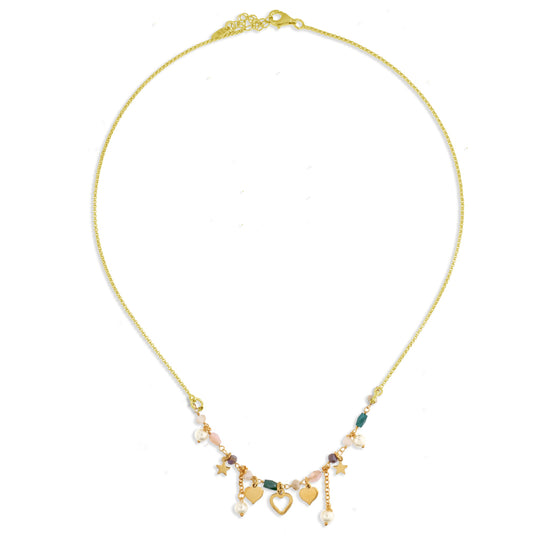 Collana in argento dorato mix di cuori e pietre colorate cm 40+3