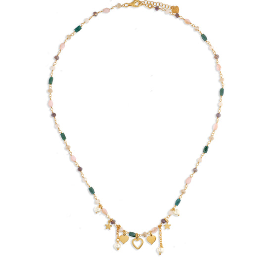 Collana in argento dorato mix di cuori e pietre colorate rosario cm 40+3