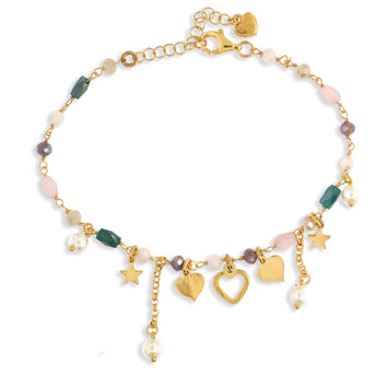Bracciale in argento dorato con mix e pietre colorate  cuori traforati cm 16+3