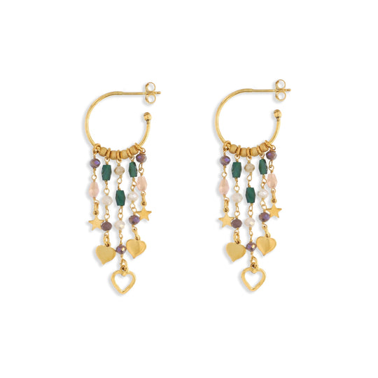 Orecchini in argento dorato con cuori traforati mix gipsy con pietre colorate