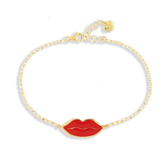 Bracciale  bocca bacio smalto rosso in argento dorato