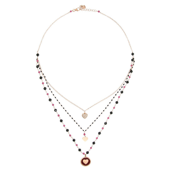 Collana 3 fili in argento rosato con cuore in smalto e pietre nere