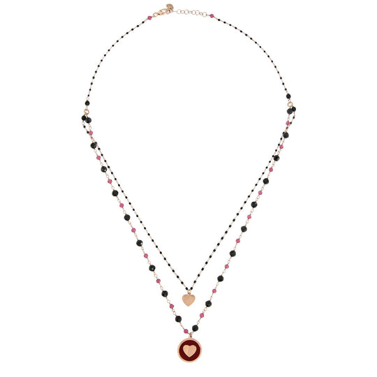 Collana 2 fili in argento rosato con cuore in smalto e pietre nere