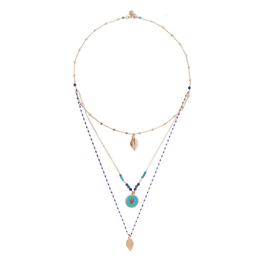 Collana 3 fili in argento rosato con foglia e pietre