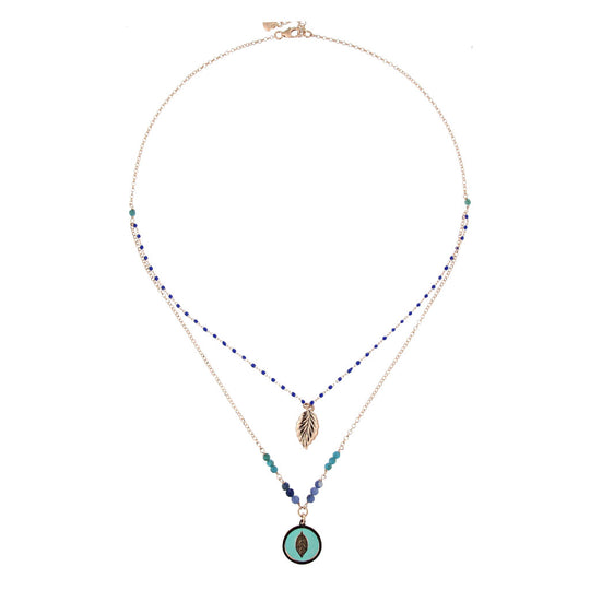 Collana 2 fili in argento rosato con foglia e pietre