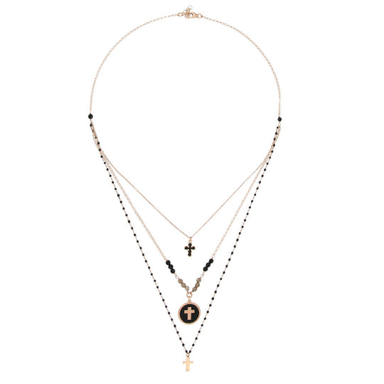 Collana 3 fili in argento rosato con croce in smalto e pietre nere