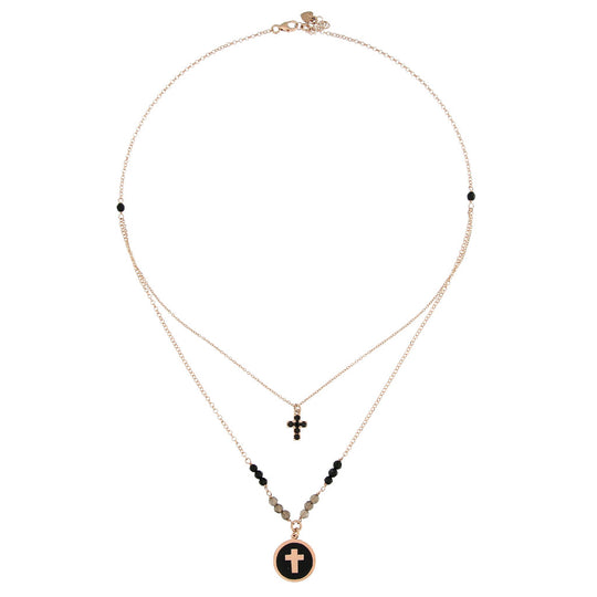 Collana 2 fili in argento rosato con croce in smalto e pietre nere