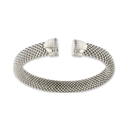Bracciale Le Sovì in maglia flex ovale realizzato a mano in argento rodiato con zirconi