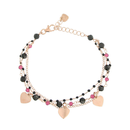 Bracciale in argento rosato 3 fili con cuore e pietre nere