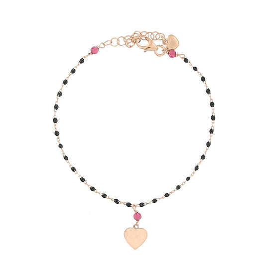 Bracciale in argento rosato 1 filo con croce e pietre nere
