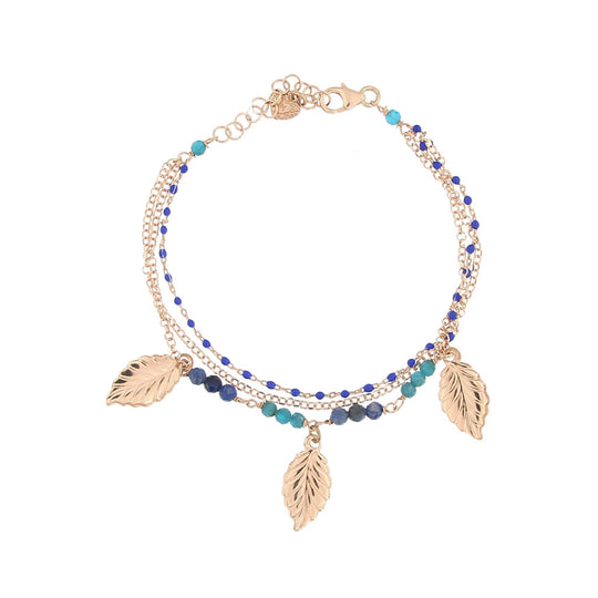 Bracciale in argento rosato 3 fili con foglia e pietre