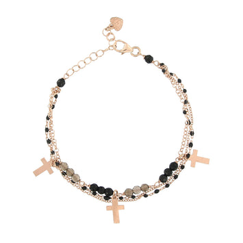 Bracciale in argento rosato 3 fili con 3 croci e pietre nere