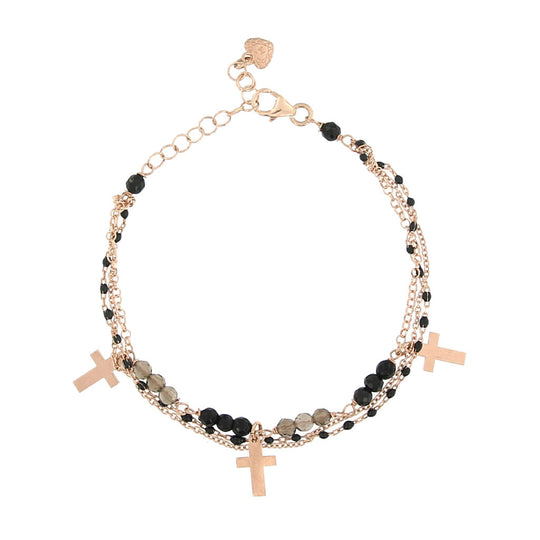 Bracciale in argento rosato 3 fili con 3 croci e pietre nere