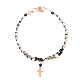Bracciale in argento rosato 2 fili con croce e pietre nere