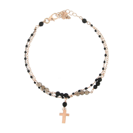 Bracciale in argento rosato 2 fili con croce e pietre nere