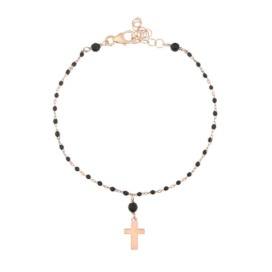 Bracciale in argento rosato 1 filo con croce e pietre nere