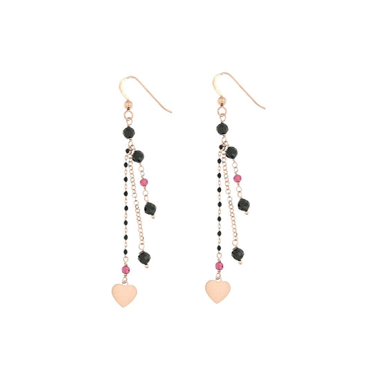 Orecchino coppia in argento rosato 3 fili con cuore e pietre
