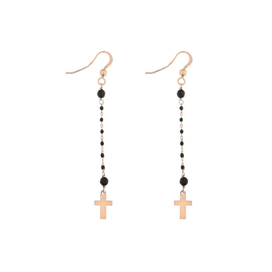 Orecchino coppia in argento rosato 1 filo con croce e pietre